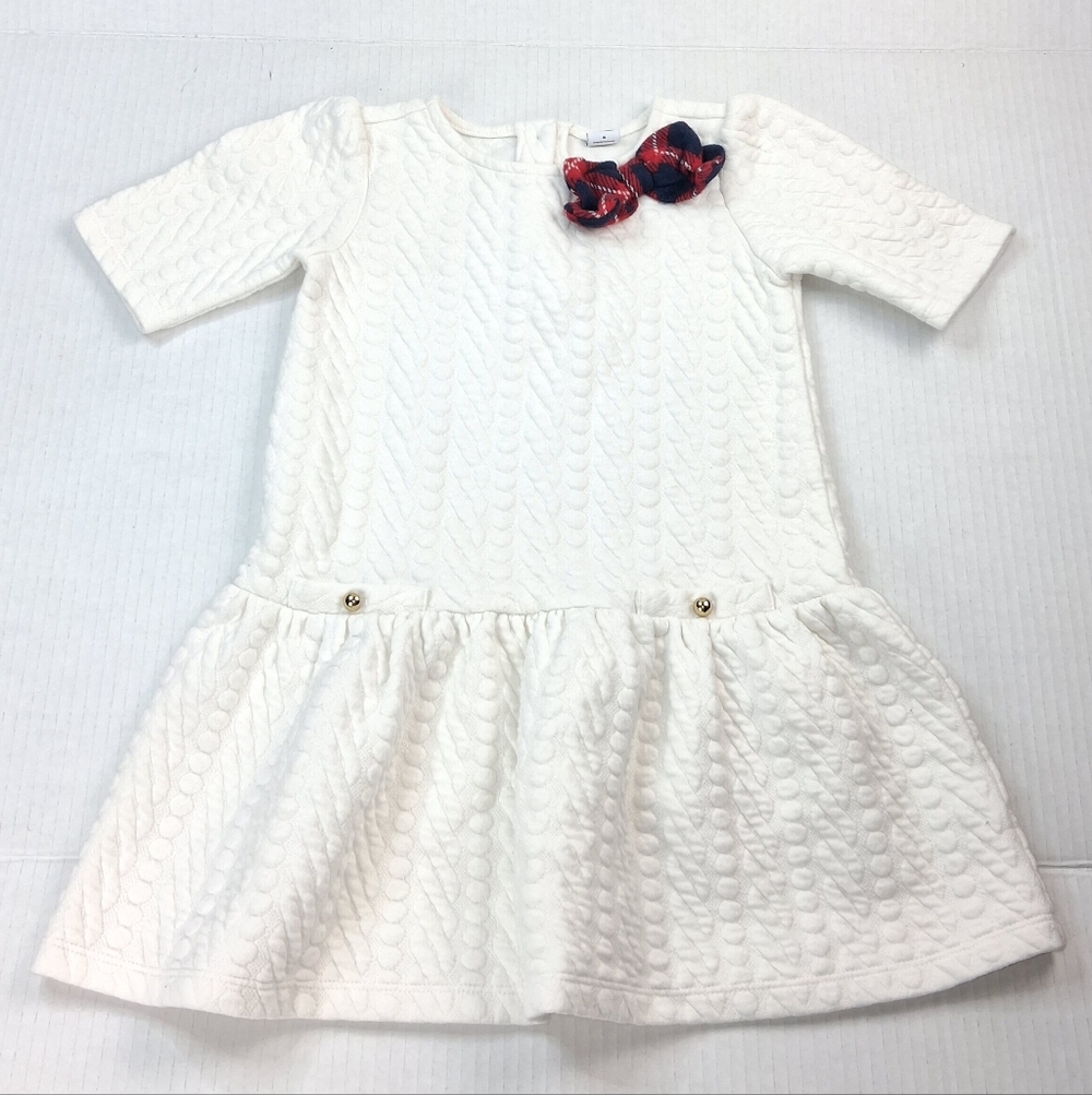 Janie and Jack Textured White Short Sleeve Plaid Bow Dress